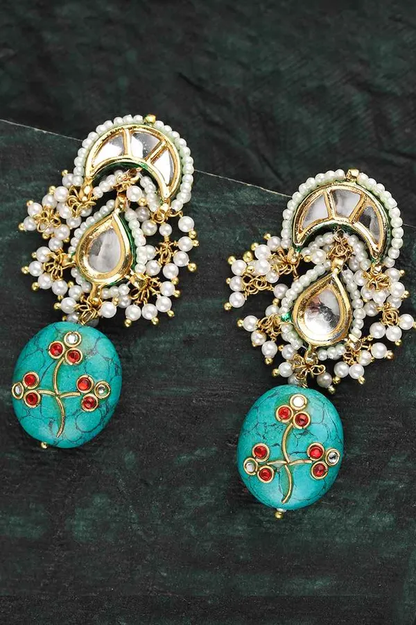 Turquoise Drop Kundan with Pearls Earrings