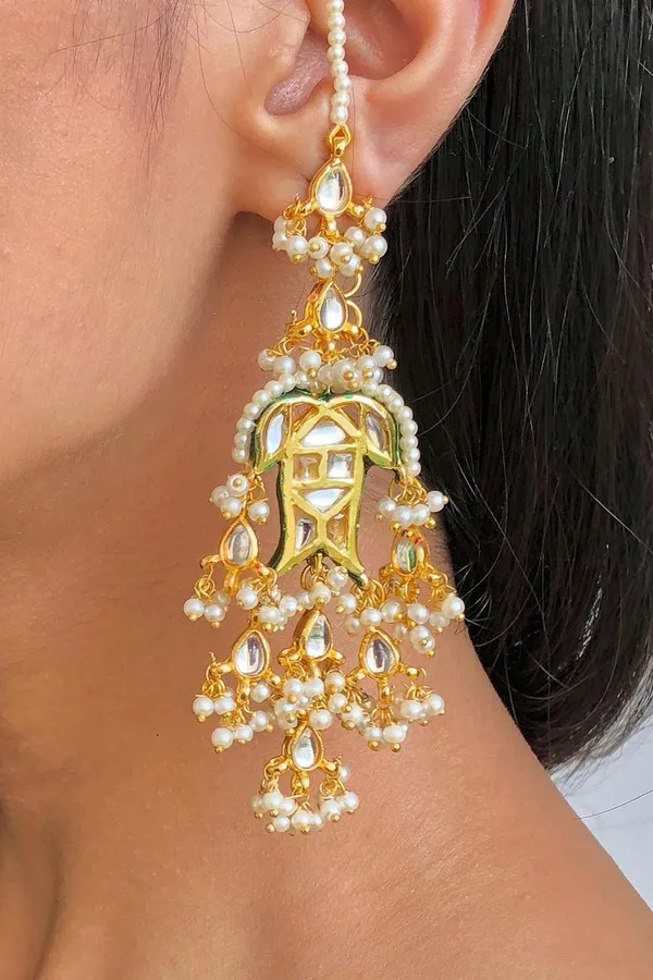 Golden Pearl Kundan Fish Earrings