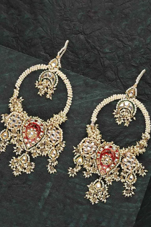 Guldasta Red Meenakari with Pearls Kundan Chandbali Earrings