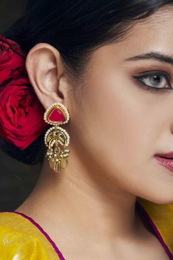 Pink Kundan Yellow Drop Earrings