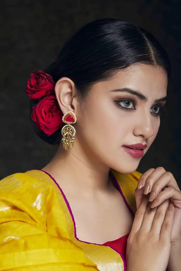 Pink Kundan Yellow Drop Earrings