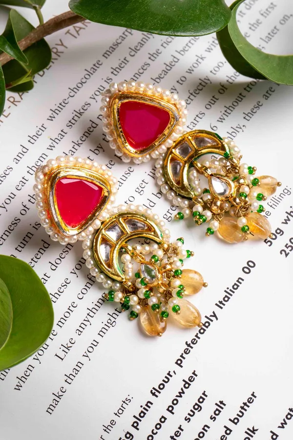 Pink Kundan Yellow Drop Earrings