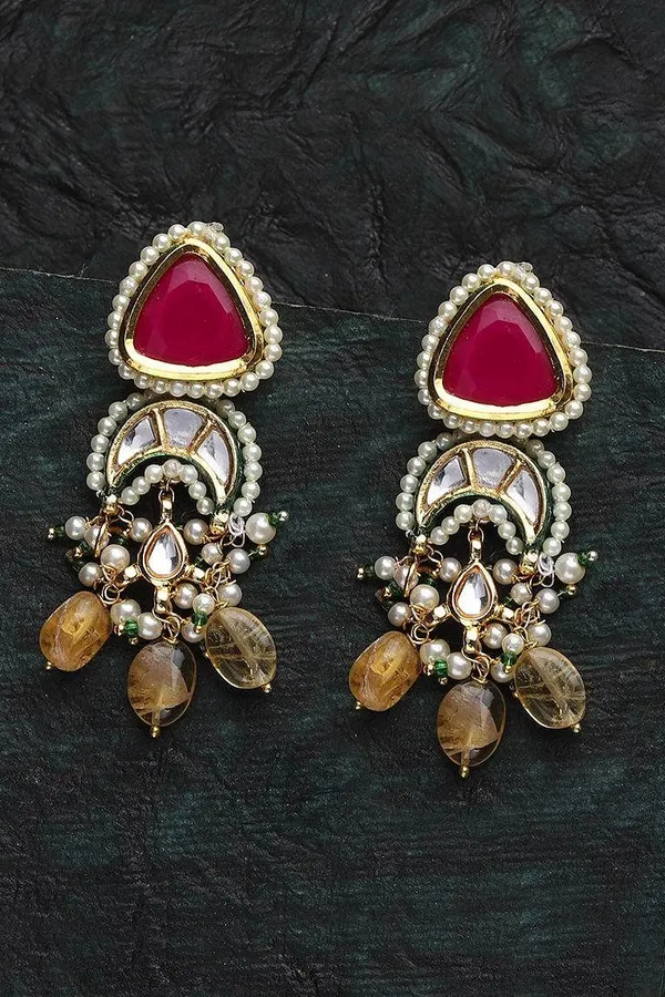 Pink Kundan Yellow Drop Earrings