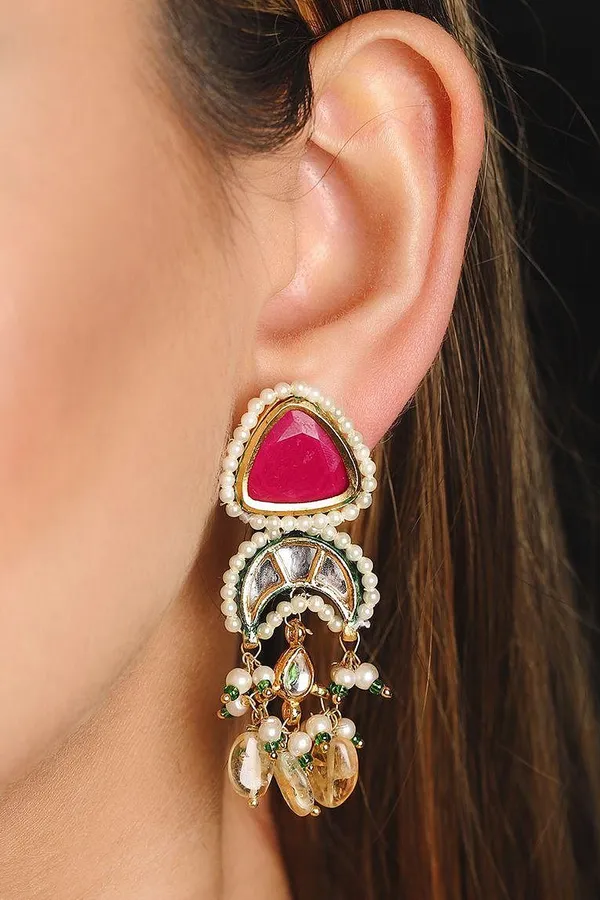 Pink Kundan Yellow Drop Earrings