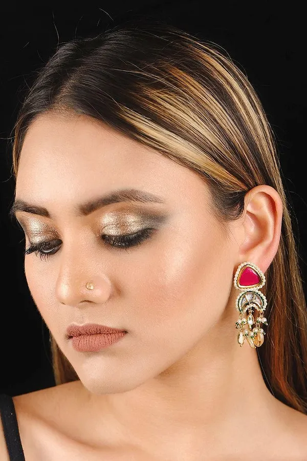 Pink Kundan Yellow Drop Earrings
