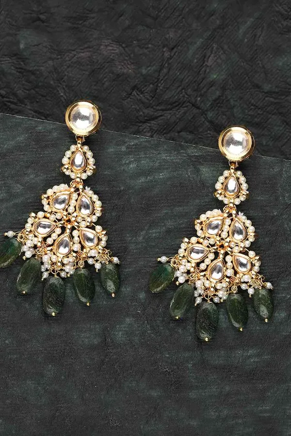 Pearl Kundan Green Chandelier Earrings