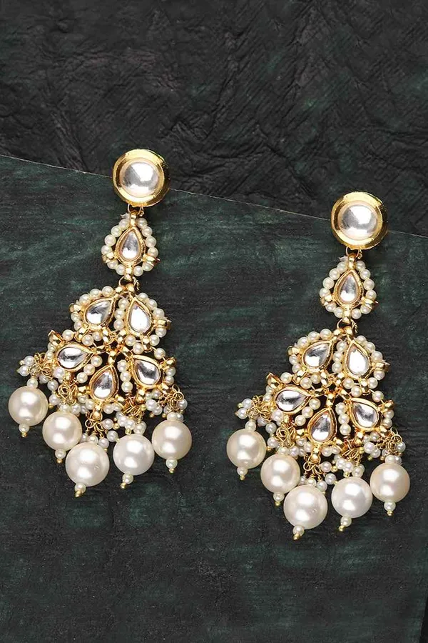 White Pearl & Kundan Chandelier Earrings
