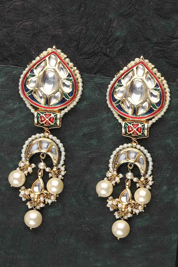 Red & Blue Kundan Chanda Pearls Chandbali Earrings