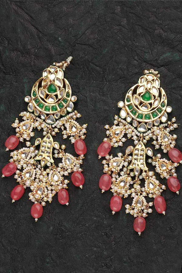 Green Kundan Pink Fin Chandbali Earrings