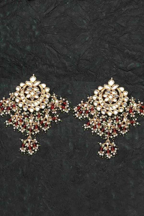 Red & Green Kundan Pearls Chandbali Earrings