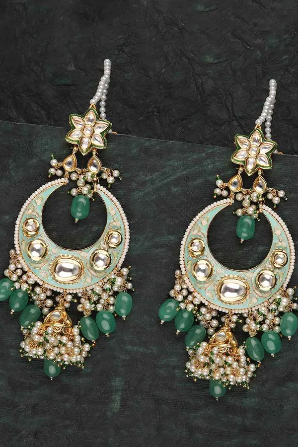 Pastel Green Meenakari with Pearls Chandbali Earrings