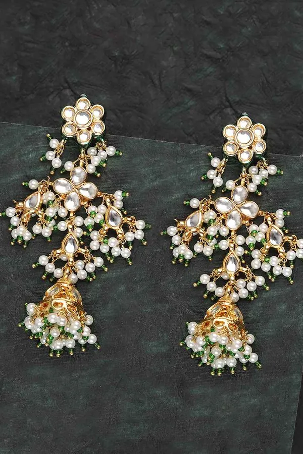 White Flower Pearl & Kundan Jhumki Earrings
