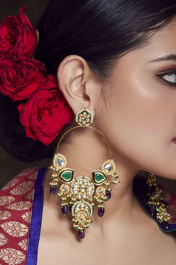 Grapevine Amethyst Kundan & Pearl Chandbali Earrings