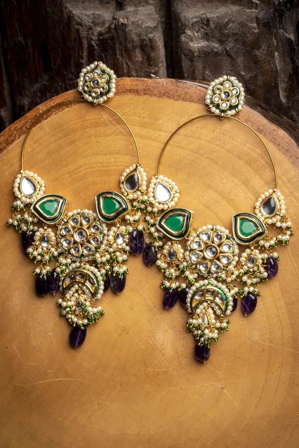 Grapevine Amethyst Kundan & Pearl Chandbali Earrings