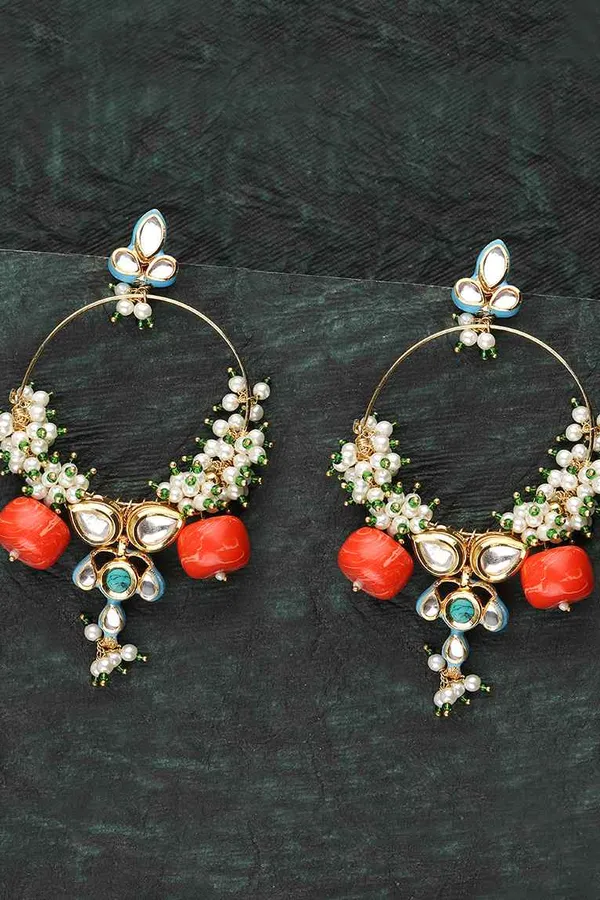 Coral & Turquoise Gold Finish Pearl & Kundan Chandbali Earrings