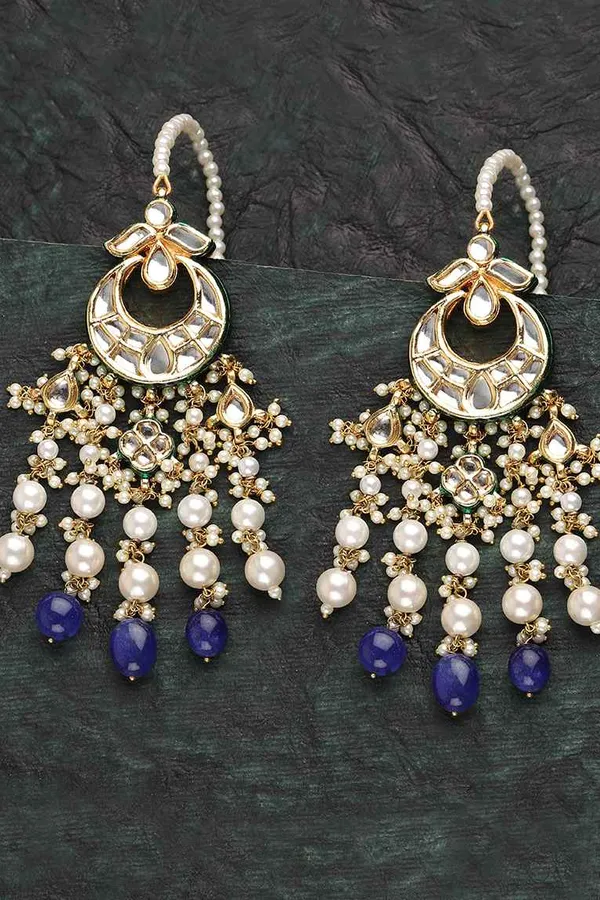 Blue Pearls with Kundan Chandbali Earrings