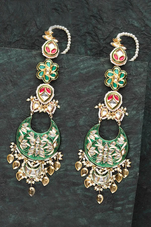 Green Meenakari Kundan Chandbalis