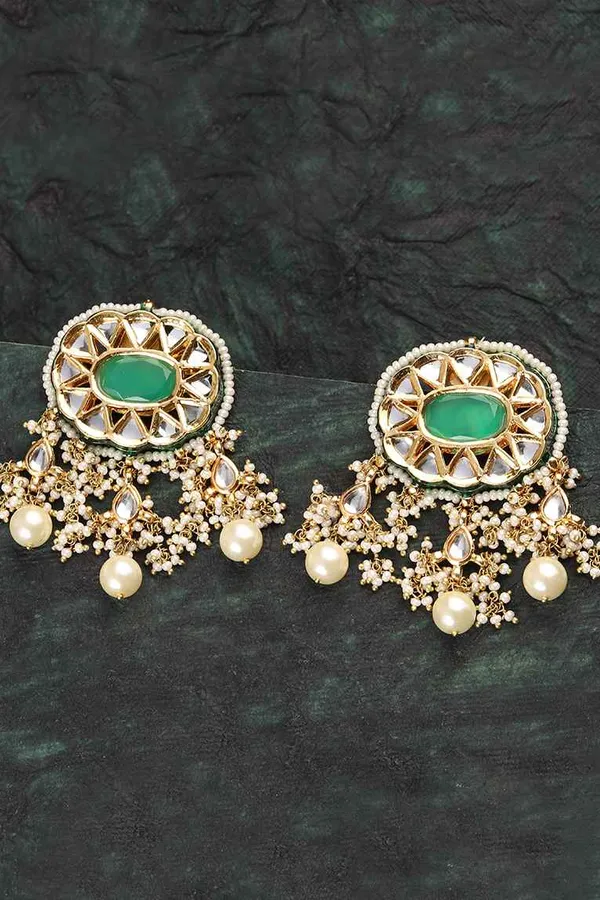 Pearled Green & White Kundan Earrings