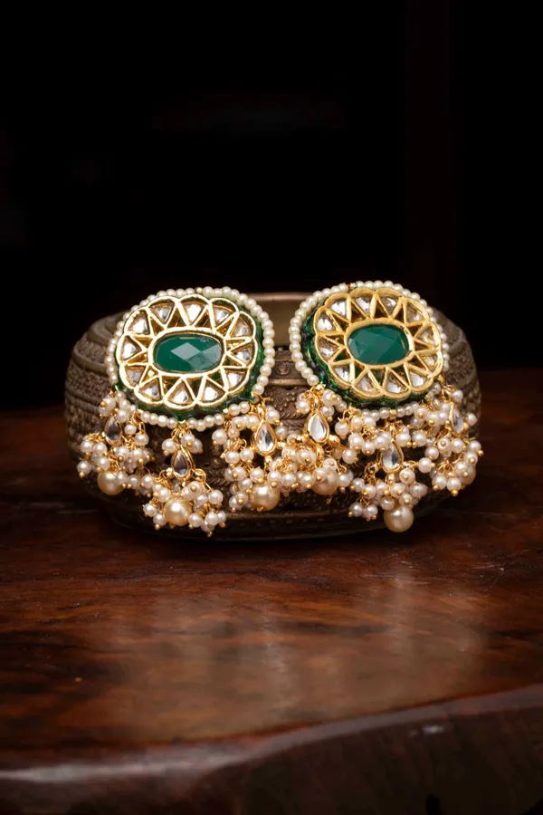 Pearled Green & White Kundan Earrings