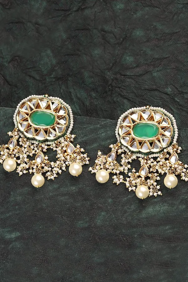Pearled Green & White Kundan Earrings