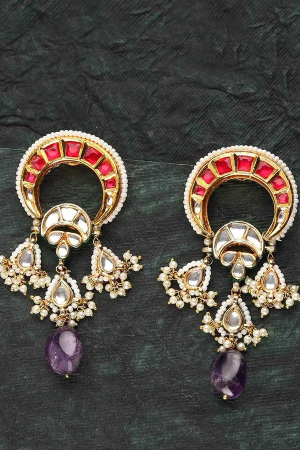 Red Kundan with Amethyst Drop Earrings