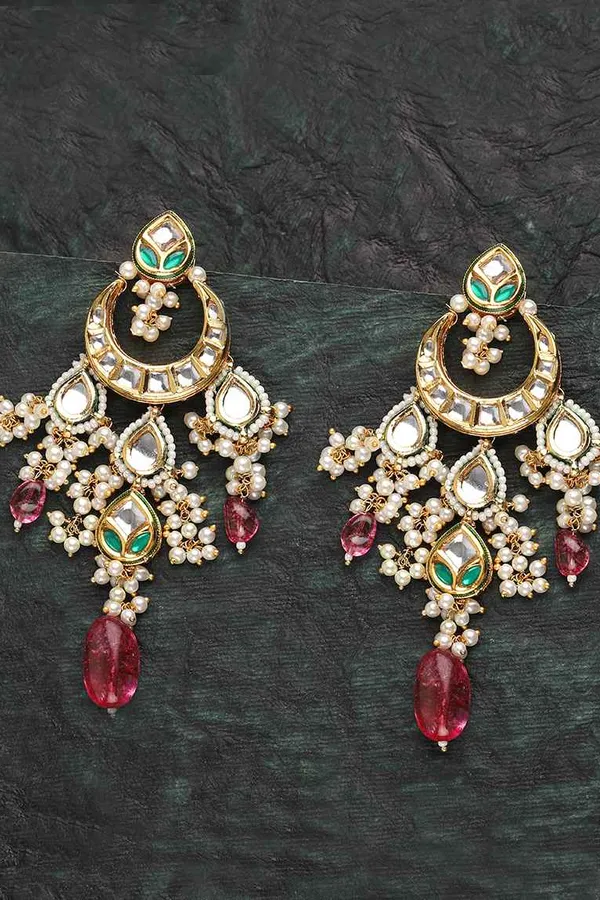 Green & Pink Stone Kundan Chandbali Earrings