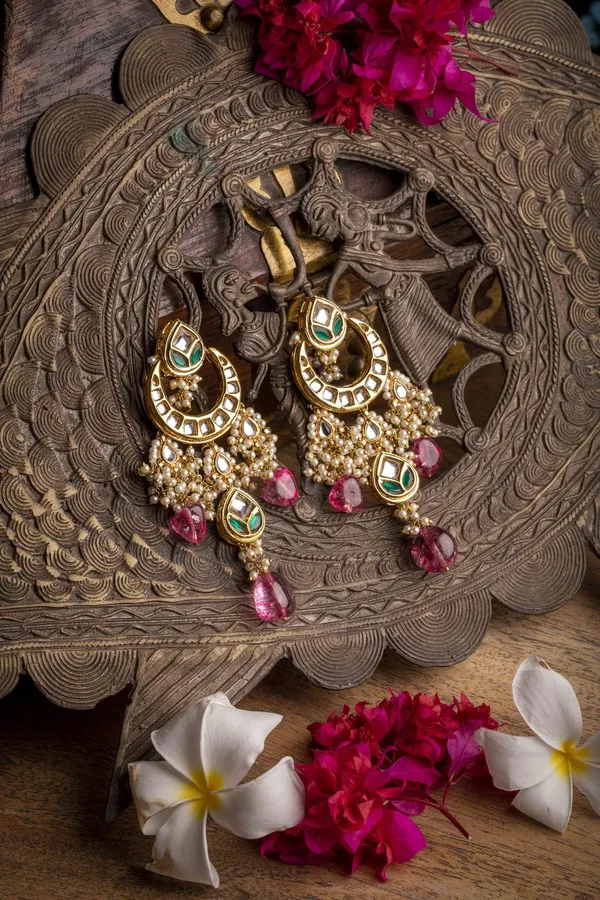 Green & Pink Stone Kundan Chandbali Earrings