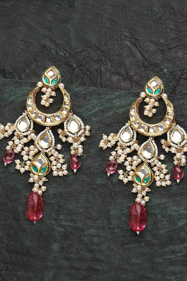 Green & Pink Stone Kundan Chandbali Earrings