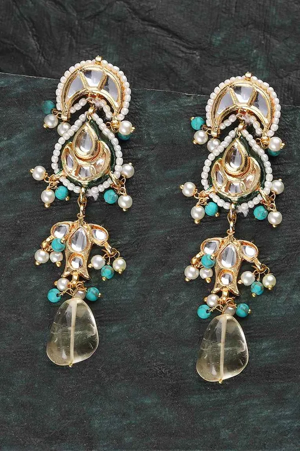 Turqoise Yellow Citrine Chand Kundan Earrings