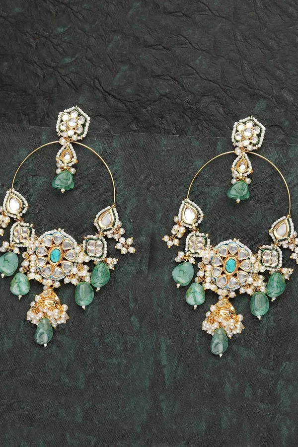 Textured Pale Green Kundan Chandbali Earrings