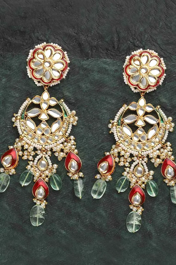 Red & Green Kundan Chandbali Earrings