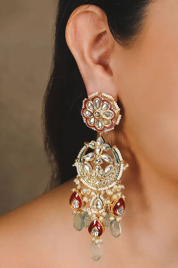 Red & Green Kundan Chandbali Earrings