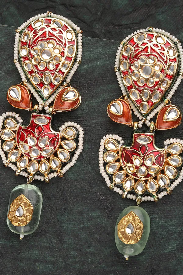 Red Meenakari Kundan Barium Drop Earrings