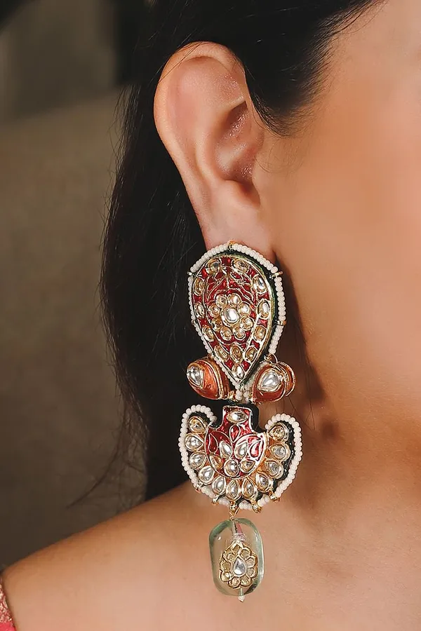 Red Meenakari Kundan Barium Drop Earrings