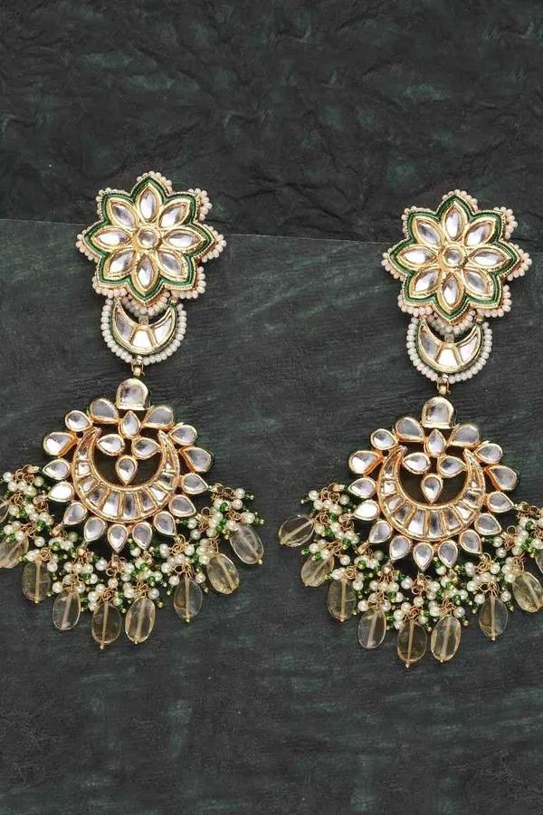 Green & Golden Kundan Chandbali Earrings