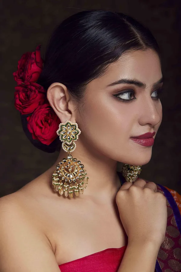 Green & Golden Kundan Chandbali Earrings