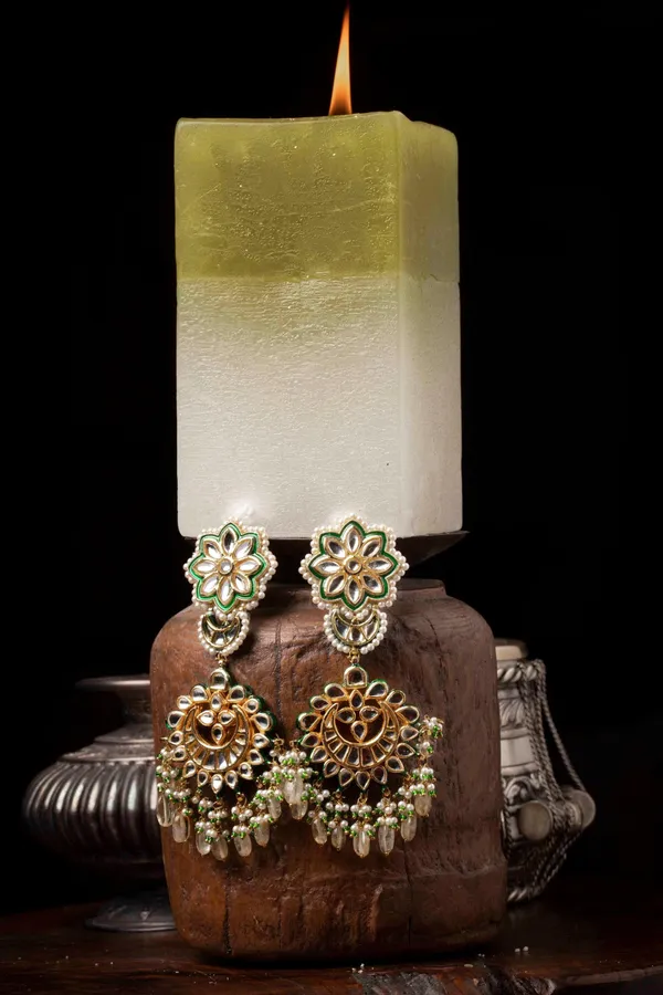 Green & Golden Kundan Chandbali Earrings
