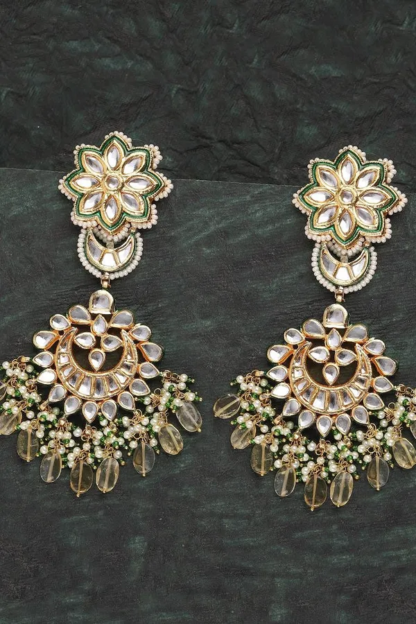 Green & Golden Kundan Chandbali Earrings