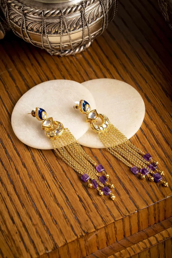 Blue Meenakari with Purple Drops Dangler Earrings