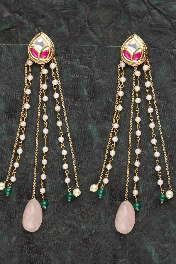 Pink & White Kundan with Rose Quartz Drop Earrings