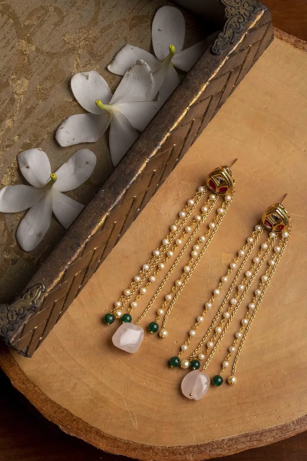 Pink & White Kundan with Rose Quartz Drop Earrings
