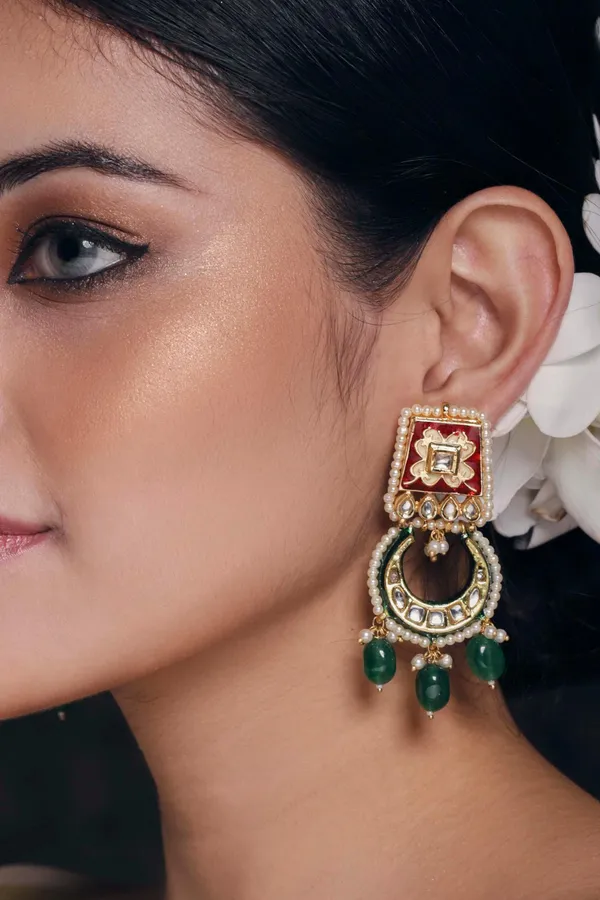 Enamel Red & Green Stone Kundan Earrings