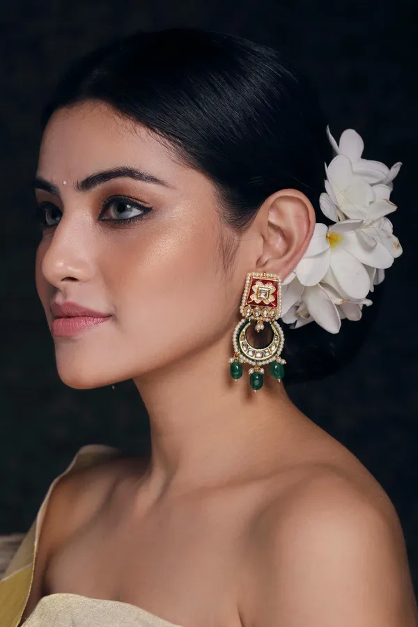 Enamel Red & Green Stone Kundan Earrings