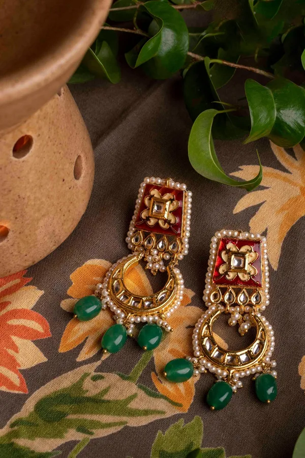 Enamel Red & Green Stone Kundan Earrings