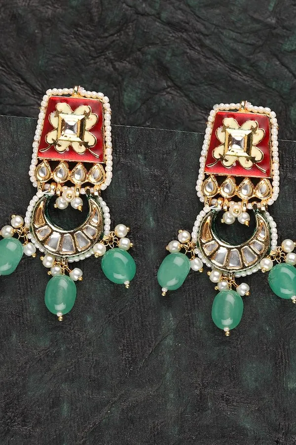 Enamel Red & Green Stone Kundan Earrings