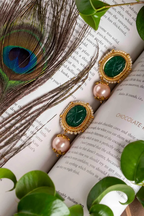 Carved Green Jade with Pink Pearl Earrings