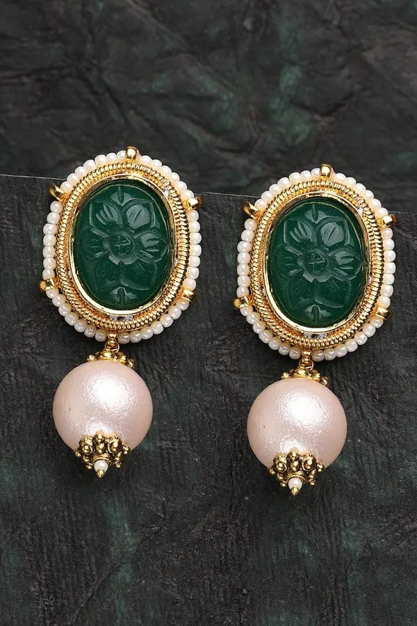 Carved Green Jade with Pink Pearl Earrings