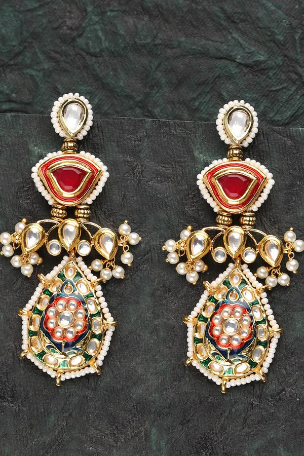 Red Meenakari with Pearls Gold Finish Kundan Earrings