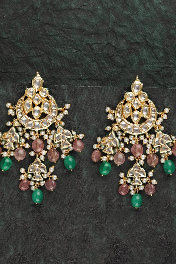 Pale Pink & Green Kundan Chandbali Earrings