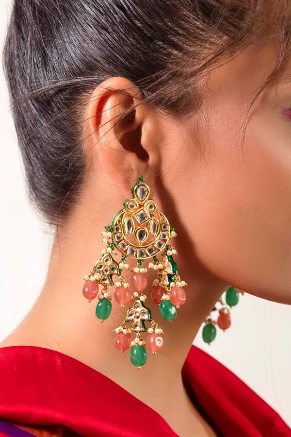 Pale Pink & Green Kundan Chandbali Earrings